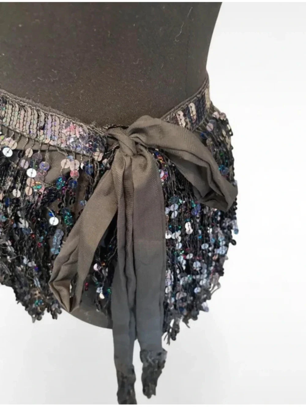 Sequin Fringe Black Waist Belt Y2K